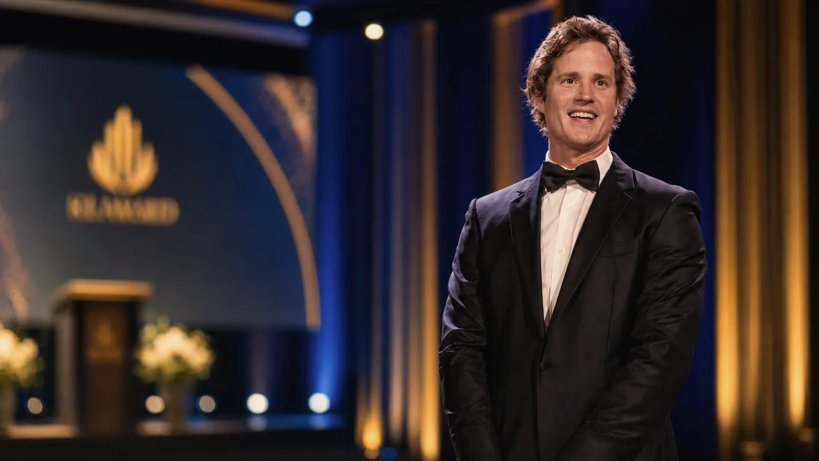 Ross Wallman in black tie, smiling on stage at a gala event